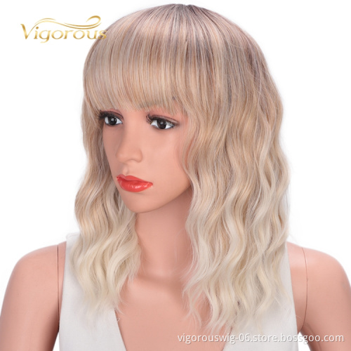 Vigorous Glueless Heat Friendly Wholesale Short Vendor Cheap Ombre Blonde White Wavy High Grade Synthetic Wig
